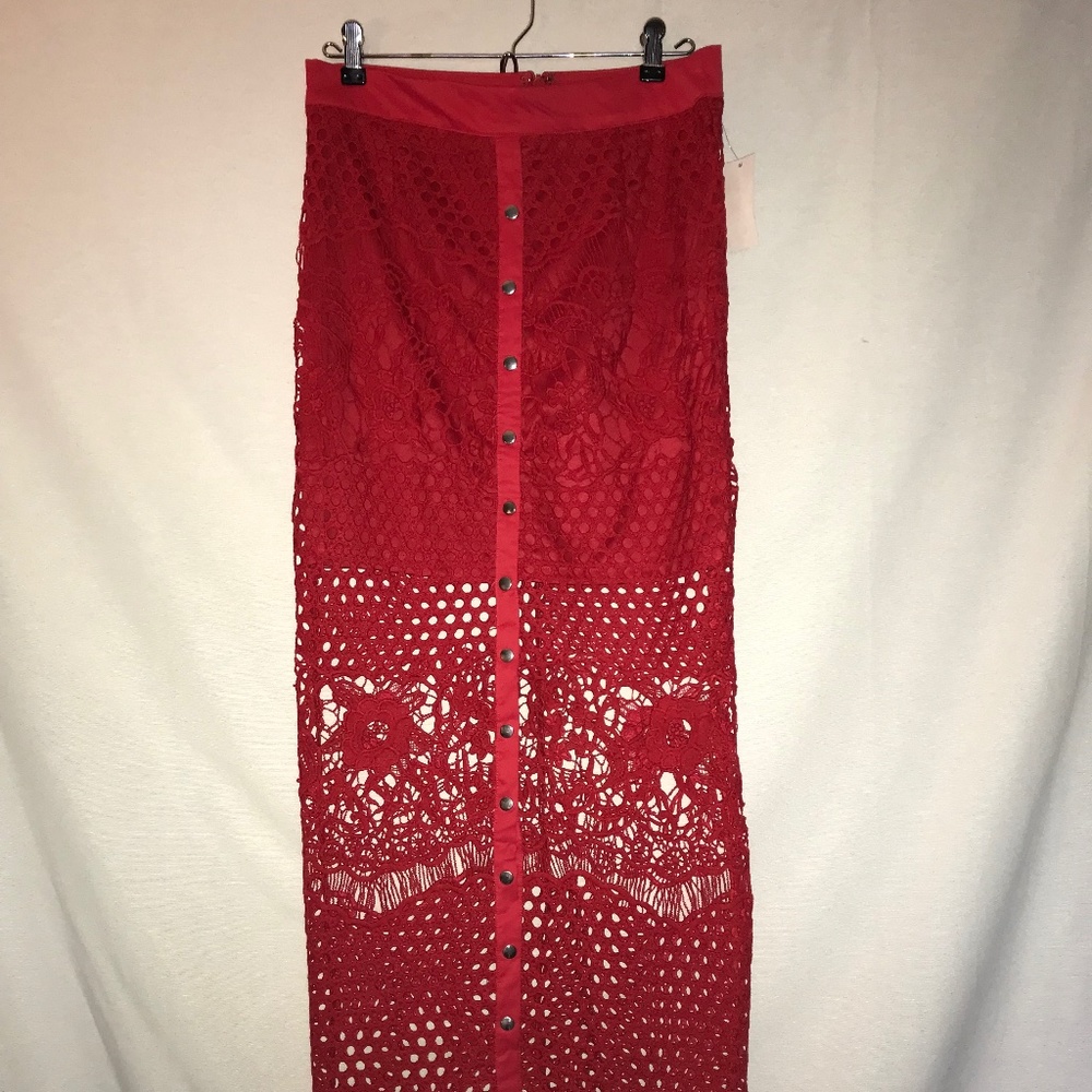 NWT The Sang-Eye Candy Couture Red Crochet Skirt-Front Slit with Snaps-Sz Large
